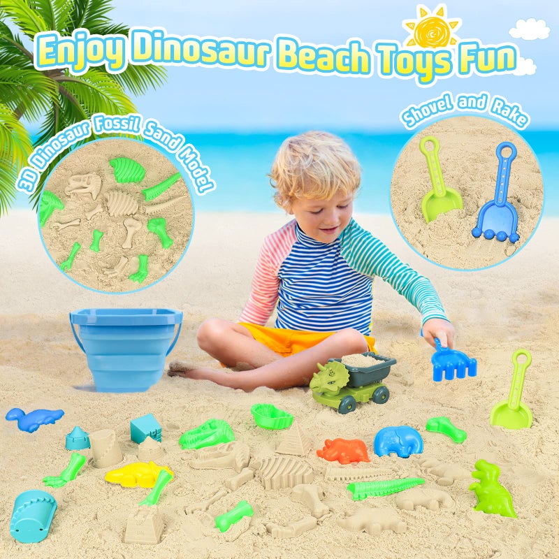 FUSPWEAO Beach Toys, Dinosaur Sand Toys with Dump Truck and Collapsible Beach Bucket, Shovel and Rake, Mesh Bag, Animal Dinosaur Sand Molds, Sand Castle Toys, Sandbox Toys for Toddlers Kids Boys - Image 4